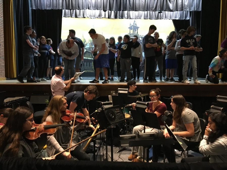 The cast and pit orchestra hard at work at rehearsal.