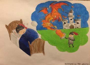 A child dreams about being a knight-fighting, fire-breathing dragon at a castle.