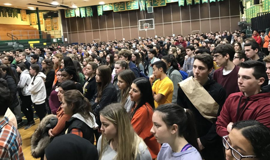 The+entire+student+body+gathered+in+solidarity+with+the+Parkland+Shooting+victims.+