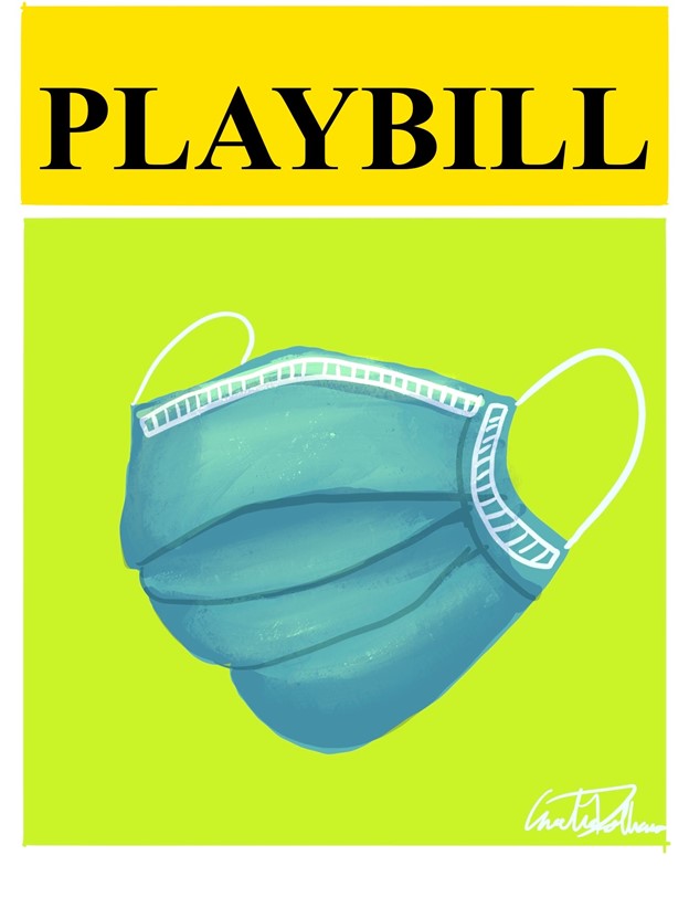 An illustration of a playbill with a mask on it