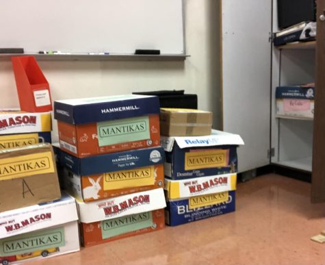 Boxes await the move to Mantias new classroom