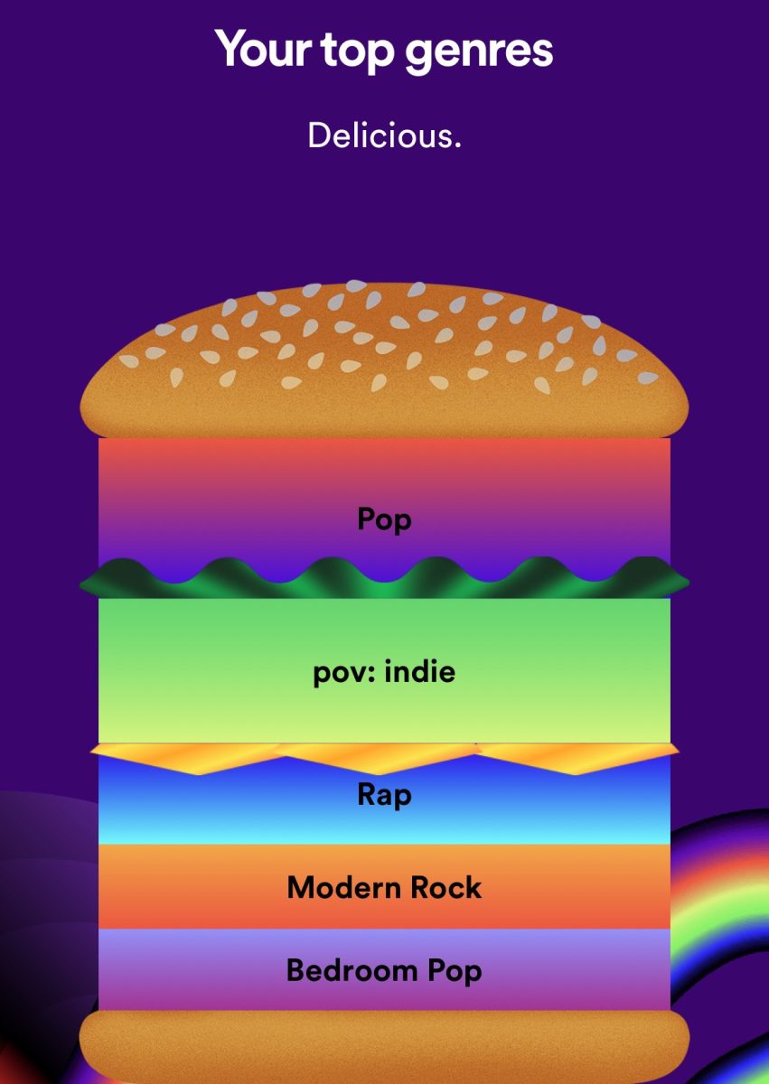 Spotify Wrapped also tells you your top genres and how much you listened to each. From most to least Junior Katy Gottliebs top genres were Pop, Indie, Rap, Modern Rock, and Bedroom Pop.
